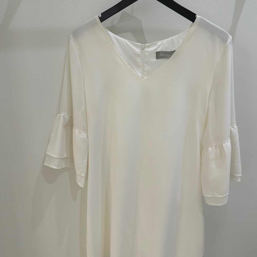 Belongsci Women’s V Neck Bell Sleeve White Mini Dress Size M